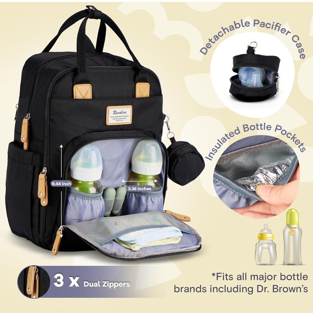 Rovide Black Diaper Backpack with Insulated Pockets